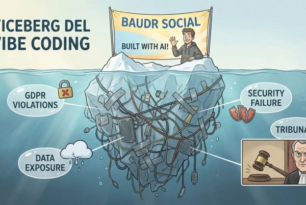 Illustrazione a iceberg che mostra i rischi nascosti del vibe coding: violazioni GDPR, data exposure, security failure e conseguenze legali
