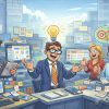 Illustrazione di un team in ufficio che reagisce a un'idea strategica CRM.