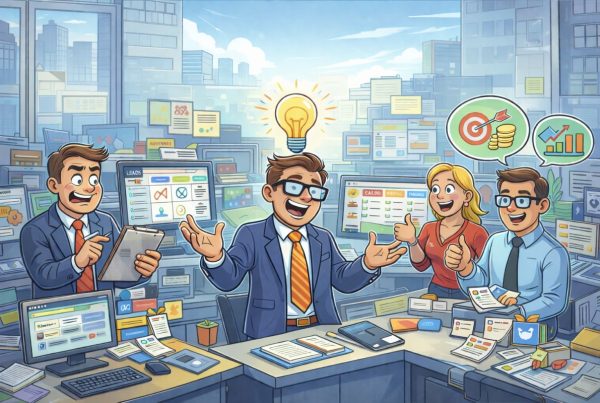 Illustrazione di un team in ufficio che reagisce a un'idea strategica CRM.