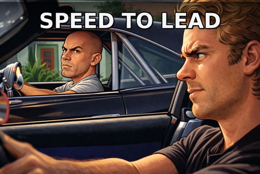 Illustrazione di una gara automobilistica con due piloti e il testo "SPEED TO LEAD".