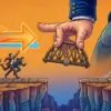 Illustrazione concettuale di una mano gigante che posiziona un ponte su un precipizio per consentire a un gruppo di manager in corsa di superare il divario di competenze verso la trasformazione digitale e tecnologica.