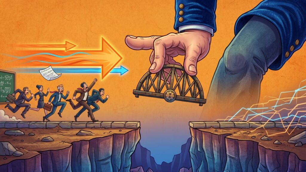 Illustrazione concettuale di una mano gigante che posiziona un ponte su un precipizio per consentire a un gruppo di manager in corsa di superare il divario di competenze verso la trasformazione digitale e tecnologica.