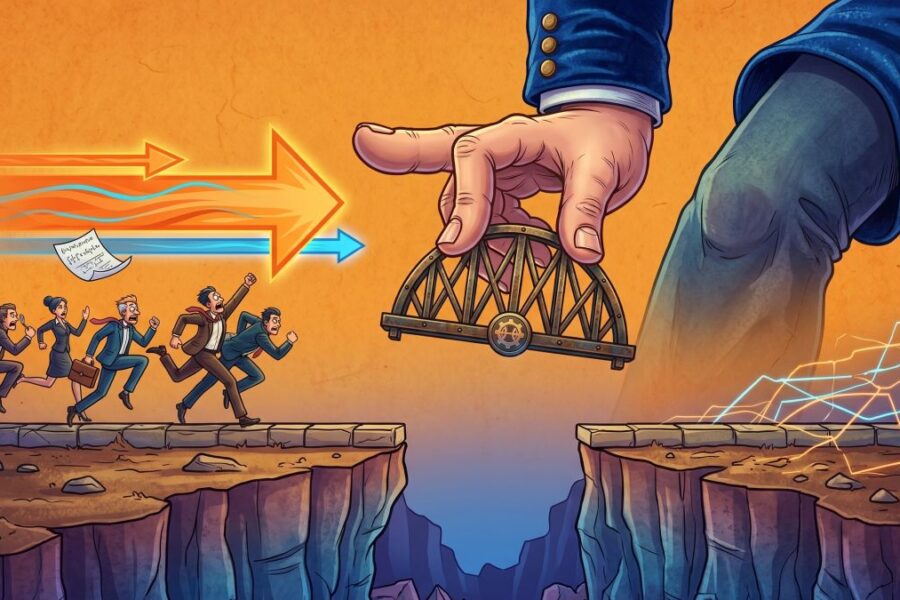 Illustrazione concettuale di una mano gigante che posiziona un ponte su un precipizio per consentire a un gruppo di manager in corsa di superare il divario di competenze verso la trasformazione digitale e tecnologica.