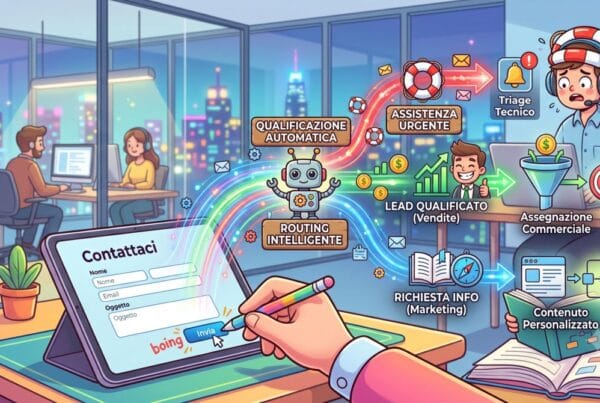 Illustration of a contact form on a tablet that, after submission, triggers an automated process of qualification and intelligent routing, directing requests to specific teams: urgent support, sales, or marketing.